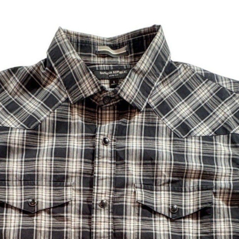 Banana Republic Western Shirt Mens Large Slim Fit Black White Plaid Snap Front